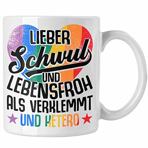 Trendation - LGBT Tasse Geschenk für Schwule Lesben Transgender Regenbogen Lustige Grafik Regenbogen LIeber Schwul Und Hetero Als Verklemmt und Hetero (Weiß) von Trendation