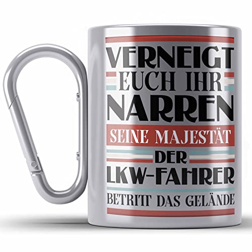 Trendation - LKW Fahrer Geschenk Edelstahl Tasse Karabiner Geschenke Zubehör Lustig Mann Lkwfahrer Geschenkidee Edelstahl Tasse Karabinern mit Spruch (Silber) von Trendation