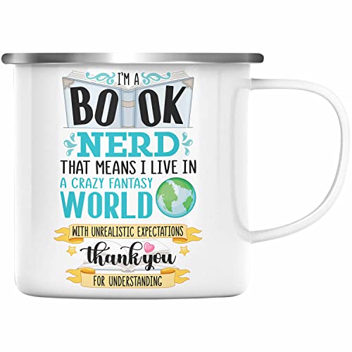 Trendation - Lesen Emaille Emaille Tasse Leseratte Geschenkidee Buch Leser Emaille Tasse mit Spruch Bücherwurm (Silber) von Trendation