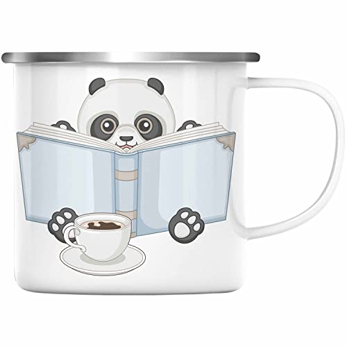 Trendation - Leseratte Emaille Tasse Geschenk Lesender Panda Grafik Lesen Geschenkidee Kinder Bücherwurm (Silber) von Trendation