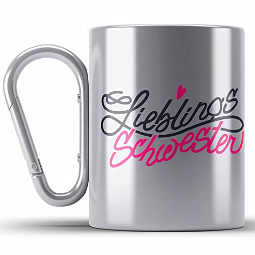 Trendation - Lieblingsschwester Edelstahl Tasse Karabiner Geschenk Spruch Beste Schwester Der Welt Geschenkidee (Silber) von Trendation