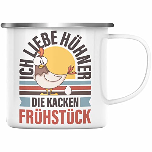 Trendation - Lustige Emaille Emaille Tasse mit Spruch Emaille Tasse mit Sprüchen Hühner Ich Liebe Hühner Die Kacken Frühstück (Silber) von Trendation
