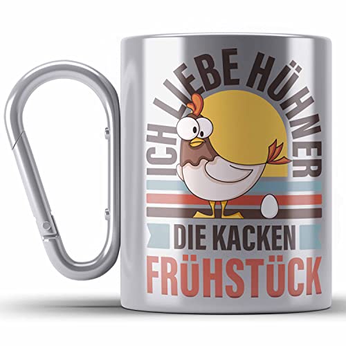 Trendation - Lustige Karabiner Edelstahl Tasse Karabiner Edelstahl mit Spruch Edelstahl Tasse Karabiner mit Sprüchen Hühner Ich Liebe Hühner Die Kacken Frühstück ( Silber ) von Trendation