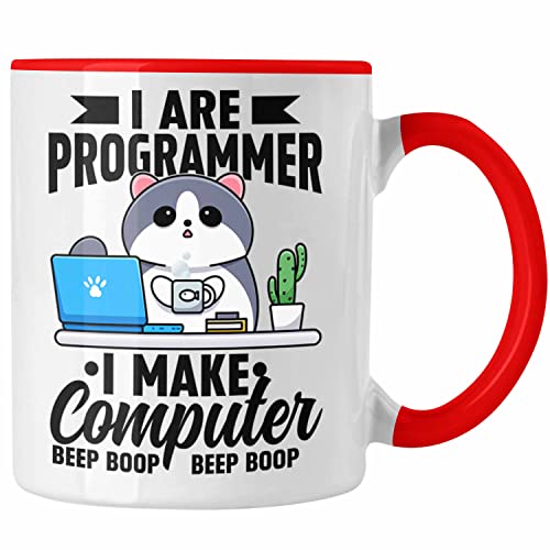 Trendation - Lustige Programmierer Tasse Geschenk Humor I Are Programmer I Make Computer Beep Boop Lustiger Spruch (Rot) von Trendation