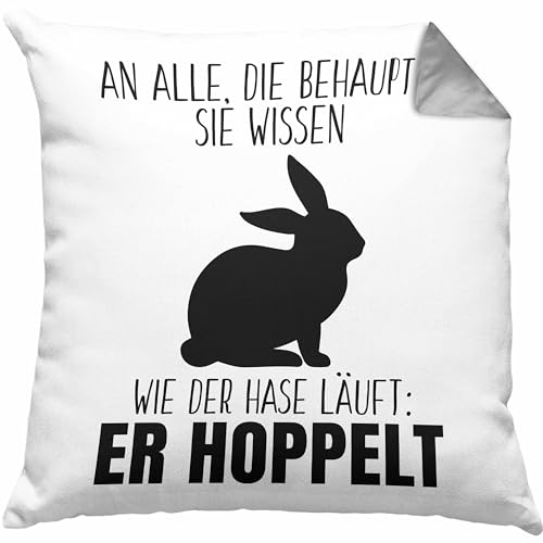 Trendation - Lustiger Spruch Kissen Geschenk Der Hase Hoppelt Witzig Lustig Geschhnkidee Ostern Dekokissen mit Füllung 40x40 (Grau) von Trendation