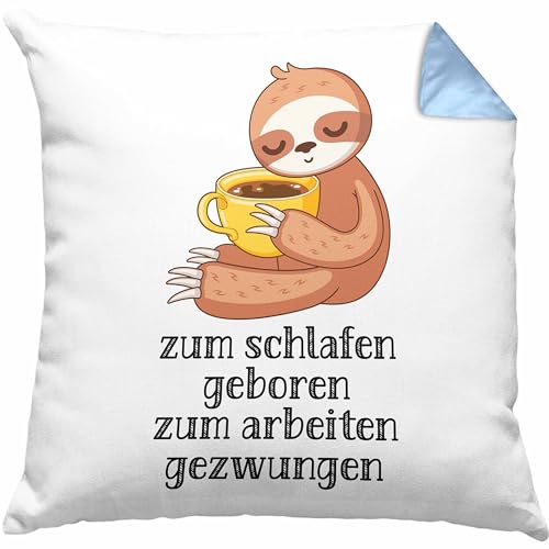 Trendation - Lustiges Kissen Zum Schlafen Geboren Zum Arbeiten Gezwungen Geschenk Frauen Kollegin Dekokissen mit Spruch und Füllung 40x40 cm (Blau) von Trendation