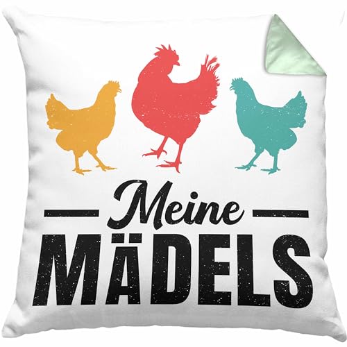 Trendation - Meine Mädels Kissen Geschenk Spruch Hühner Bauer Bäuerin Landwirt Geschenkidee Dekokissen mit Füllung 40x40 (Grün) von Trendation