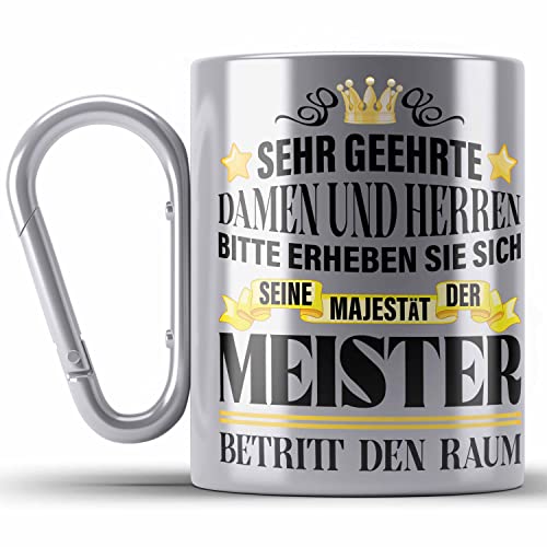 Trendation - Meisterprüfung Bestanden Geschenke Meister Prüfung Edelstahl Tasse Karabinern Männer Metallbauer Schreiner Dachdecker Maler Elektrotechnik Elektronik (Silber) von Trendation