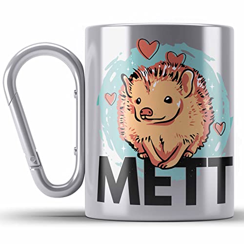 Trendation - Mettigel Mettbrötchen Edelstahl Tasse Karabiner Spruch Mett Igel Geschenkidee Metzger Fleischer (Silber) von Trendation