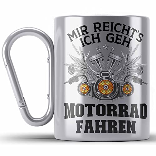 Trendation - Motorradfahrer Geschenk für Männer Motorrad Edelstahl Tasse Karabiner mit Spruch Karabiner Edelstahl Tasse Karabiner Edelstahl für Biker Herren (Silber) von Trendation