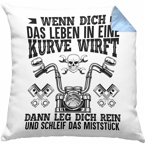 Trendation - Motorradfahrer Männer Kissen Geschenk Spruch für Mann Lustige Geschenkidee Motorrad Grafik Dekokissen mit Füllung 40x40 (Blau) von Trendation