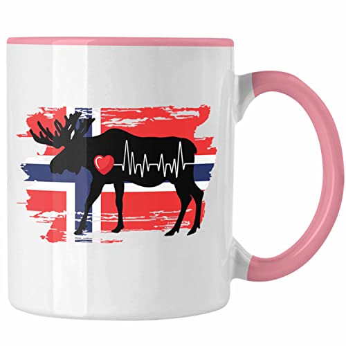 Trendation - Norwegen Elch Herzschlag Tasse Geschenk für Norwegen Liebhaber Hobby Geschenkidee (Rosa) von Trendation