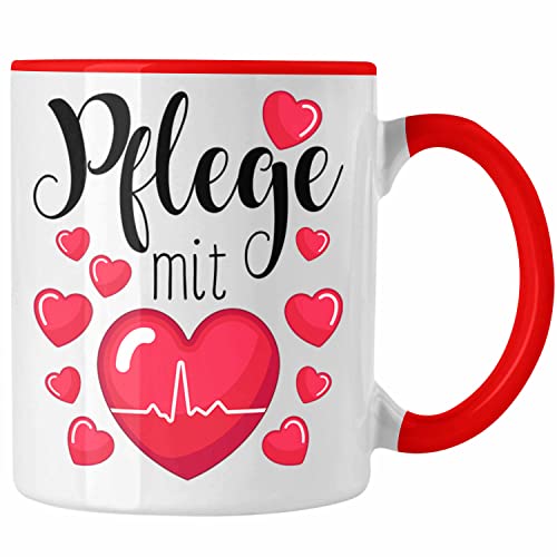 Trendation - Pflege Tasse Geschenk Pflege Mit Herz Altenpflege Krankenpflege Pflegerin Pfleger Geschenkidee Dankeschön Danke (Rot) von Trendation