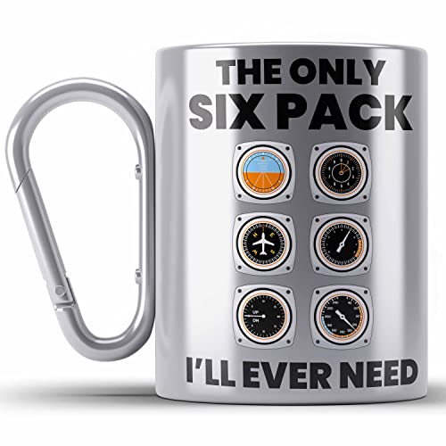 Trendation - Pilot Geschenk Karabiner Edelstahl Tasse Flugzeug Fliegen Geschenkidee Piloten KaffeeKarabiner Edelstahl Tasse Flugzeug Grafik Sixpack (Silber) von Trendation