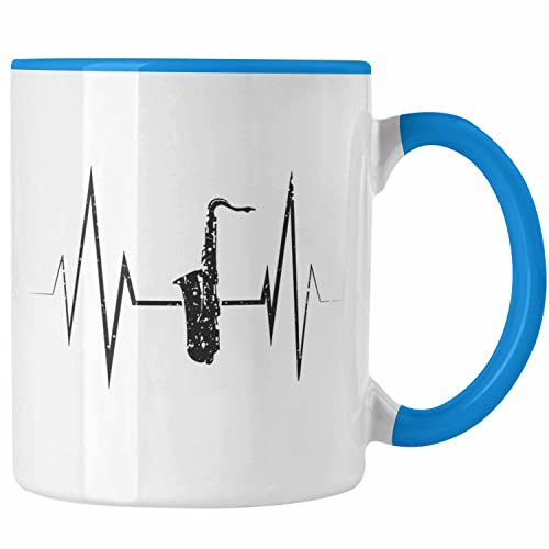 Trendation - Saxophon Tasse Geschenk Herzschlag Saxophonist Kaffeebecher Geschenkidee Lustig (Blau) von Trendation