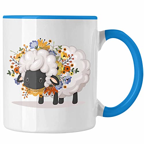 Trendation - Schaf mit Blumen Tasse Geschenk Grafik Süße Schaf Tasse Geschenkidee Schafliebhaber (Blau) von Trendation