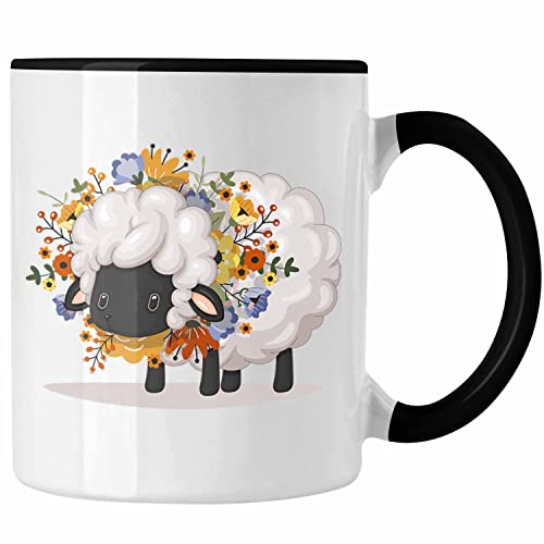 Trendation - Schaf mit Blumen Tasse Geschenk Grafik Süße Schaf Tasse Geschenkidee Schafliebhaber (Schwarz) von Trendation