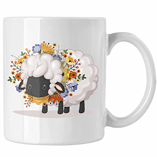 Trendation - Schaf mit Blumen Tasse Geschenk Grafik Süße Schaf Tasse Geschenkidee Schafliebhaber (Weiß) von Trendation