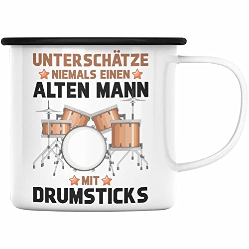 Trendation - Schlagzeug-Spieler Emaille Tasse Geschenk Männer Kinder Geschenkidee Geburtstag Weihnachten Unterschätze Niemals Einen Alten Mann (Schwarz) von Trendation