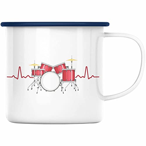 Trendation - Schlagzeug-Spieler Herzschlag Emaille Tasse Geschenk Männer Kinder Geschenkidee Geburtstag Weihnachten (Blau) von Trendation