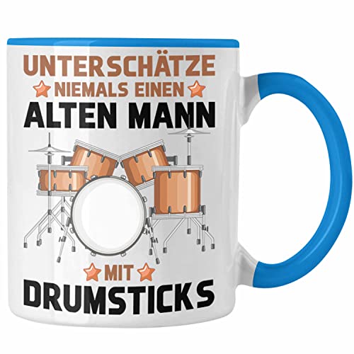 Trendation - Schlagzeug-Spieler Tasse Geschenk Männer Kinder Geschenkidee Geburtstag Weihnachten Unterschätze Niemals Einen Alten Mann (Blau) von Trendation