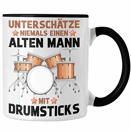 Trendation - Schlagzeug-Spieler Tasse Geschenk Männer Kinder Geschenkidee Geburtstag Weihnachten Unterschätze Niemals Einen Alten Mann (Schwarz) von Trendation