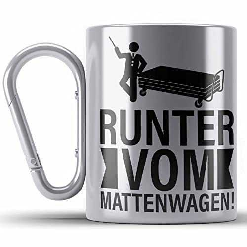 Trendation - Sportlehrer Geschenk Edelstahl Tasse Karabiner Runter Vom Mattenwagen Lehrer Geschenkidee Schule Abi Geschenke (Silber) von Trendation