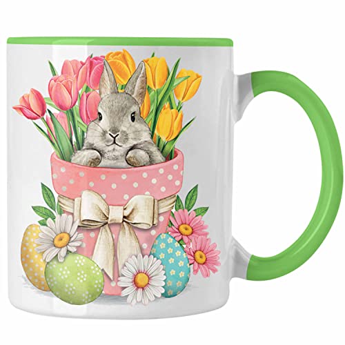 Trendation - Tasse Ostern Ostergeschenke Kinder Jugendliche Geschenke Lustige Grafik Osterhase Ostereier Tulpen (Grün) von Trendation