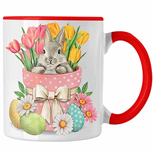 Trendation - Tasse Ostern Ostergeschenke Kinder Jugendliche Geschenke Lustige Grafik Osterhase Ostereier Tulpen (Rot) von Trendation