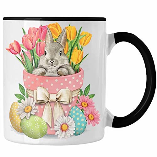 Trendation - Tasse Ostern Ostergeschenke Kinder Jugendliche Geschenke Lustige Grafik Osterhase Ostereier Tulpen (Schwarz) von Trendation