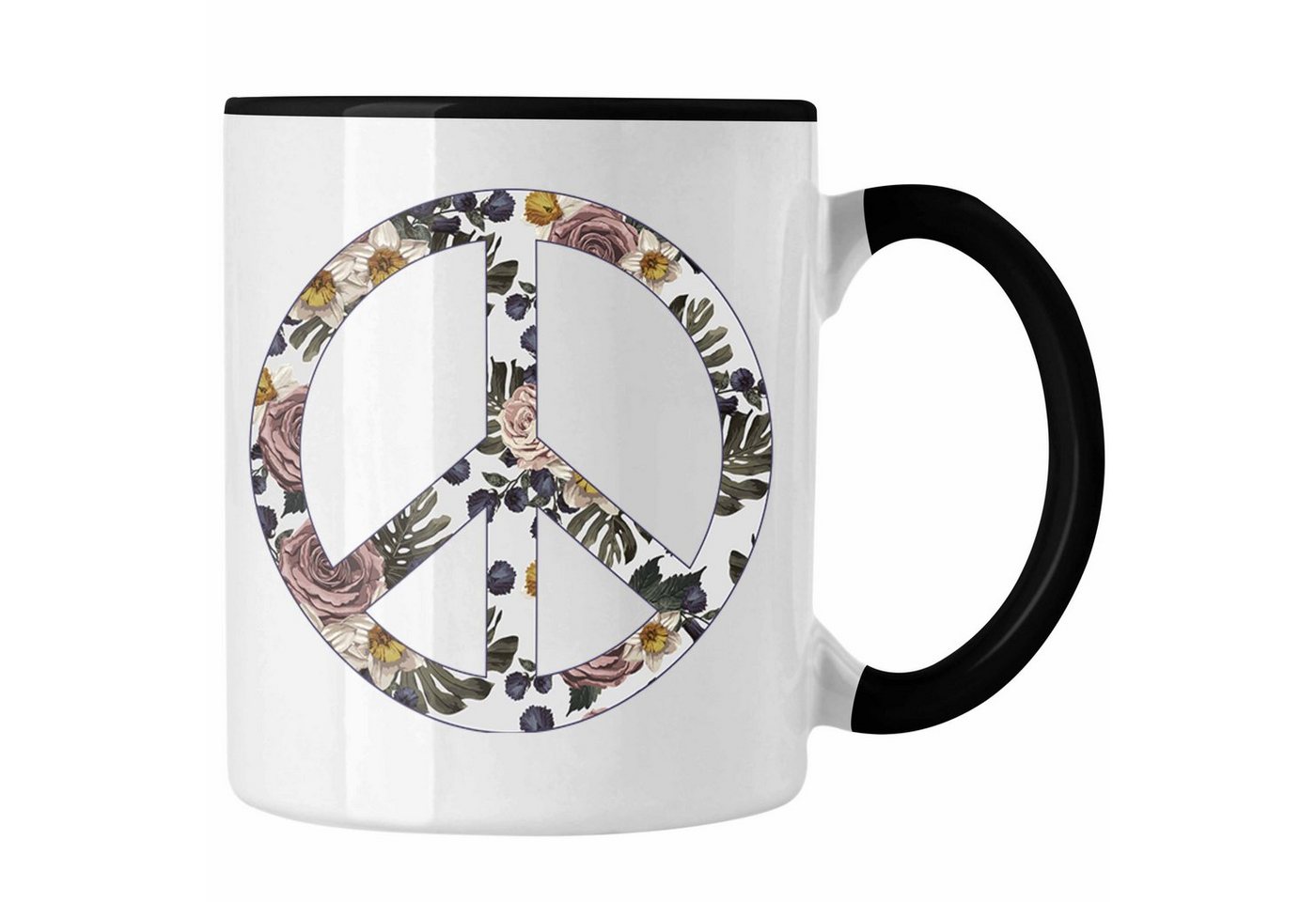 Trendation Tasse Trendation - Peace Zeichen Tasse Geschenk Hippies Frieden Stop Geschenkidee Blumen von Trendation