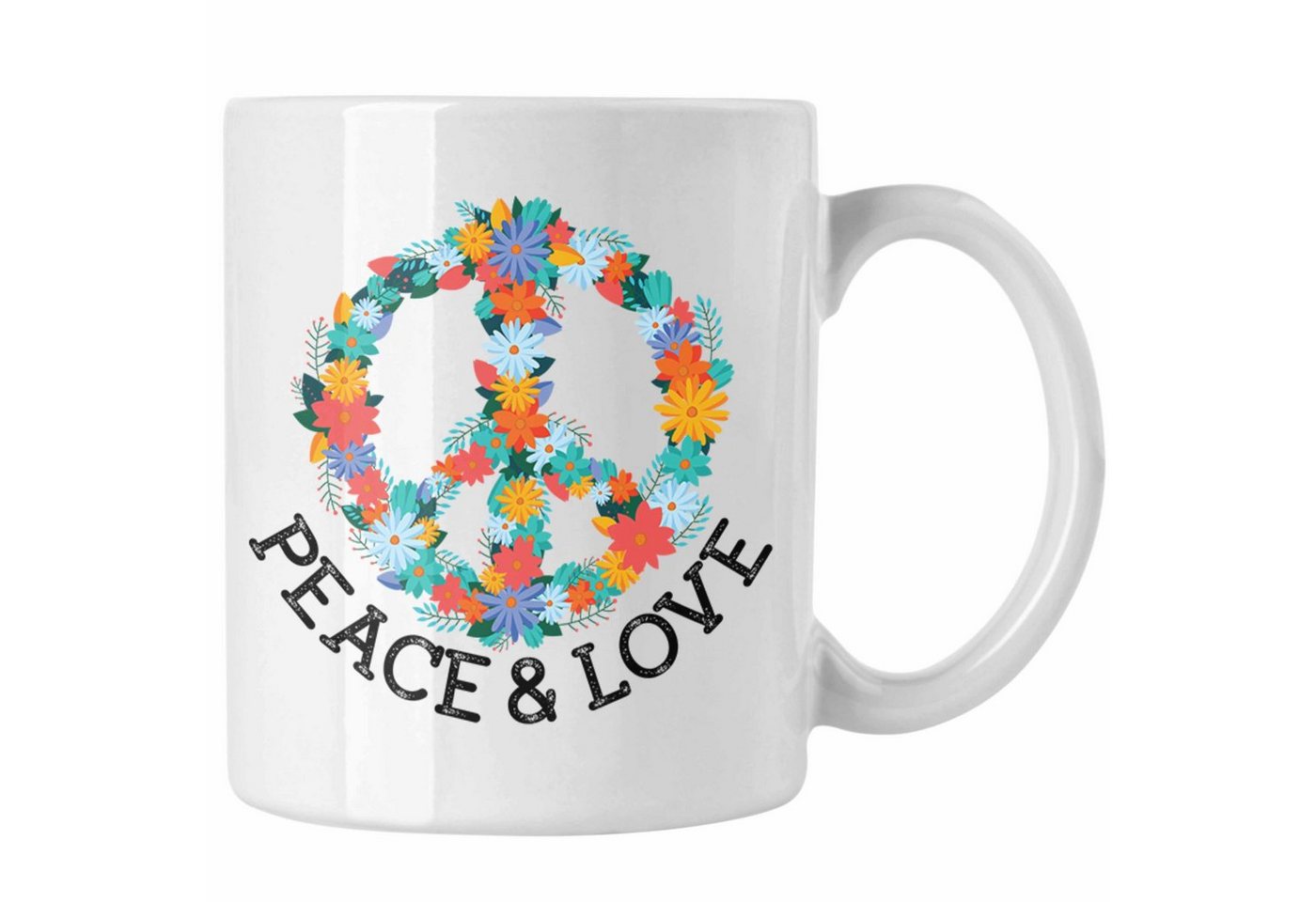 Trendation Tasse Trendation - Peace & Love Zeichen Tasse Frieden Hippie 90er 80er Grafik Geschenk Blumen Grün von Trendation