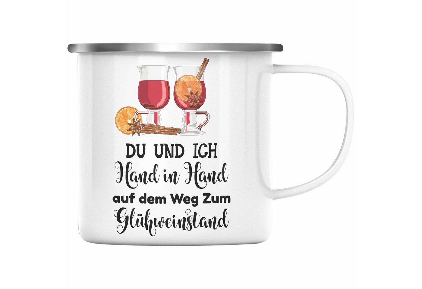 Trendation Thermotasse Trendation - Glühwein Emaille Tasse Lustig Spruch Glühweinbecher mit Henkel Doppelwandig GlühweinEmaille Tassen Gläser Weihnachtsmarkt Becher Emaille Tassen Geschenk - Hand In Hand Zum Glühweinstand von Trendation