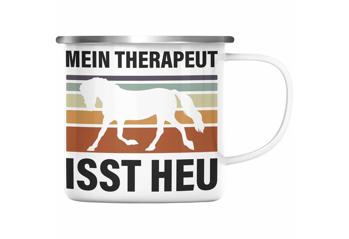 Trendation Thermotasse Trendation - Pferde Emaille Tasse Lustig Reiterin Geschenk Pferde Geschenke Mädchen Pferdeliebhaber Mein Therapeut Isst Heu von Trendation