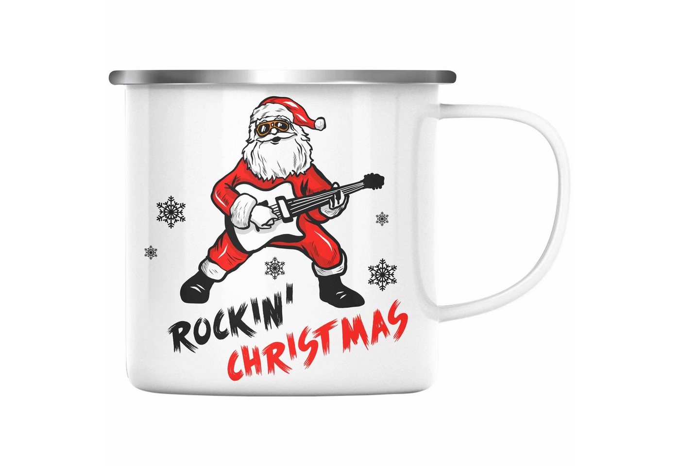 Trendation Thermotasse Trendation - Rockin Christmas Emaille Tasse Weihnachten WeihnachtsEmaille Tasse Rock N Roll Heavy Metal Geschenk Geschenkidee Metal Fans Rockmusik KaffeeEmaille Tasse von Trendation