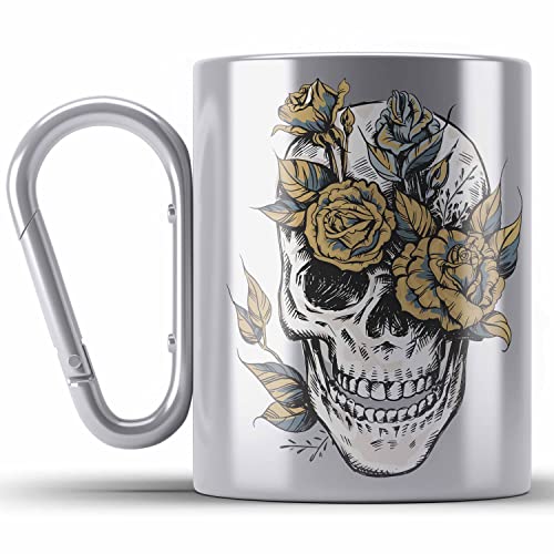 Trendation - Totenkopf Kaffee Edelstahl Tasse Karabiner Frauen Mädchen Männer Tattoo Geschenk Damen Idee Grafik Blumen (Silber) von Trendation