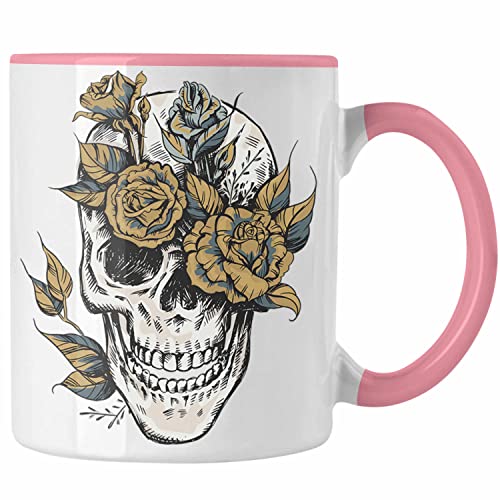 Trendation - Totenkopf Kaffee Tasse Frauen Mädchen Männer Tattoo Geschenk Damen Idee Grafik Blumen (Rosa) von Trendation