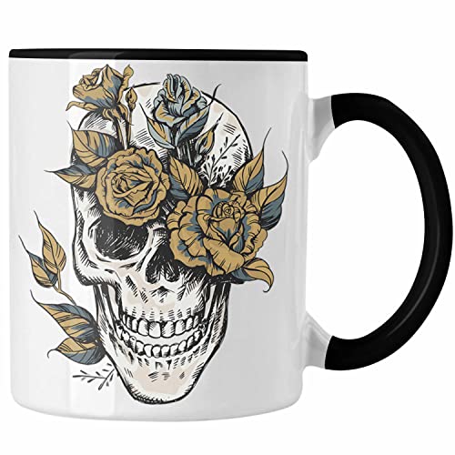 Trendation - Totenkopf Kaffee Tasse Frauen Mädchen Männer Tattoo Geschenk Damen Idee Grafik Blumen (Schwarz) von Trendation