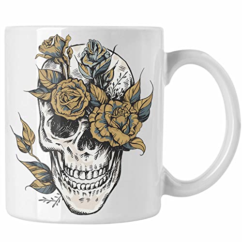 Trendation - Totenkopf Kaffee Tasse Frauen Mädchen Männer Tattoo Geschenk Damen Idee Grafik Blumen (Weiß) von Trendation