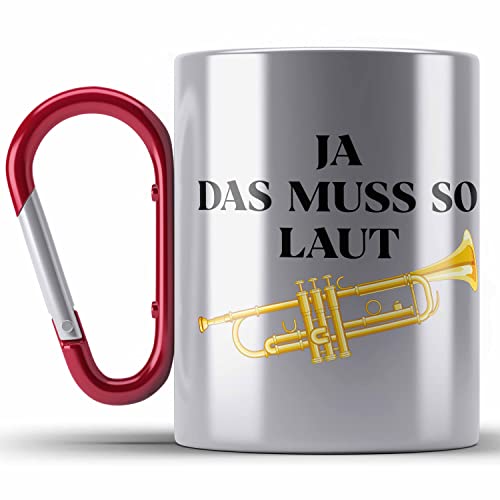 Trendation - Trompete Edelstahl Tasse Karabiner Geschenk für Musiker Trompeten-Spieler Tuten Geschenkidee Lustig Männer (Rot) von Trendation