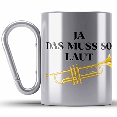 Trendation - Trompete Edelstahl Tasse Karabiner Geschenk für Musiker Trompeten-Spieler Tuten Geschenkidee Lustig Männer (Silber) von Trendation