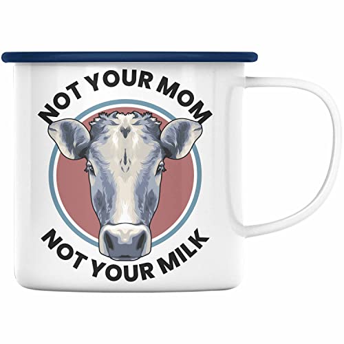 Trendation - Veganer Geschenk Lustige Emaille Tasse Vegetarier Geschenkidee Emaille Tasse Lustig für Geschenkset oder Geschenkbox Vagenerin Not Your Mom Not Your Milk (Blau) von Trendation