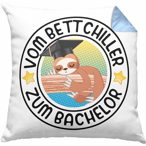 Trendation - Vom Bett Chiller zum Bachelor Kissen Geschenk Prüfung Bestanden Graduation Lustiger Spruch Bachelor Geschenkidee Dekokissen mit Füllung 40x40 (Blau) von Trendation