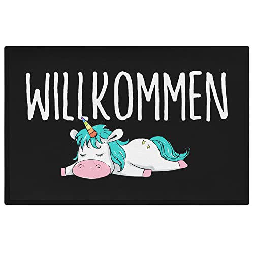 Trendation - Willkommen Fußmatte Einhorn Lustig Geschenk Frauen Fussmatte Innen und Außen-Bereich 60x40 cm von Trendation