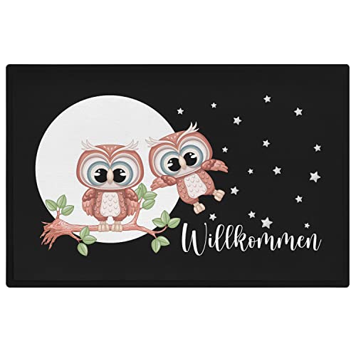 Trendation - Willkommen Fußmatte Grafik Schmutzfangmatte Geschenk Außen Innenbereich 60x40 cm Waschbar Türmatte Eulen von Trendation