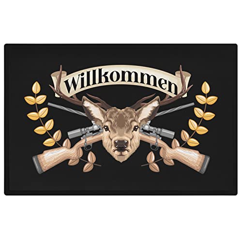 Trendation - Willkommen Fußmatte Grafik Schmutzfangmatte Geschenk Außen Innenbereich 60x40 cm Waschbar Türmatte Jäger REH von Trendation