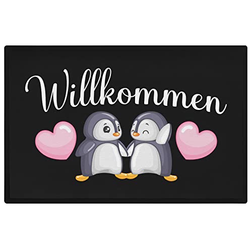 Trendation - Willkommen Fußmatte Grafik Schmutzfangmatte Geschenk Außen Innenbereich 60x40 cm Waschbar Türmatte Pinguine von Trendation