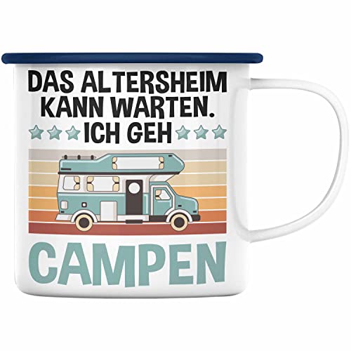 Trendation - Wohnwagen Camper Emaille Tasse Geschenke Wohnmobil für Männer Campingwagen Geschenkidee Zubehör Camping Opa Oma Rentner Lustig Grafik Altersheim kann warten (Blau) von Trendation