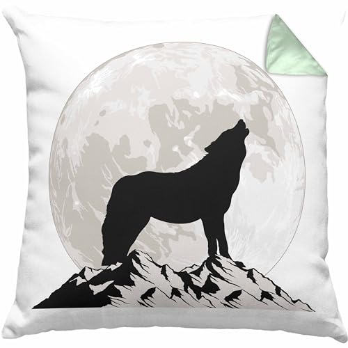 Trendation - Wolf Kissen Geschenk Wolf Im Mondlicht Geschenkidee Grafik Dekokissen mit Füllung 40x40 (Grün) von Trendation