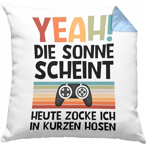 Trendation - Zocker Kissen Geschenk Gamer Yeah Die Sonne Scheint Dekokissen mit Füllung 40x40 cm Geschenkidee Jungs Jungen Sohn (Blau) von Trendation